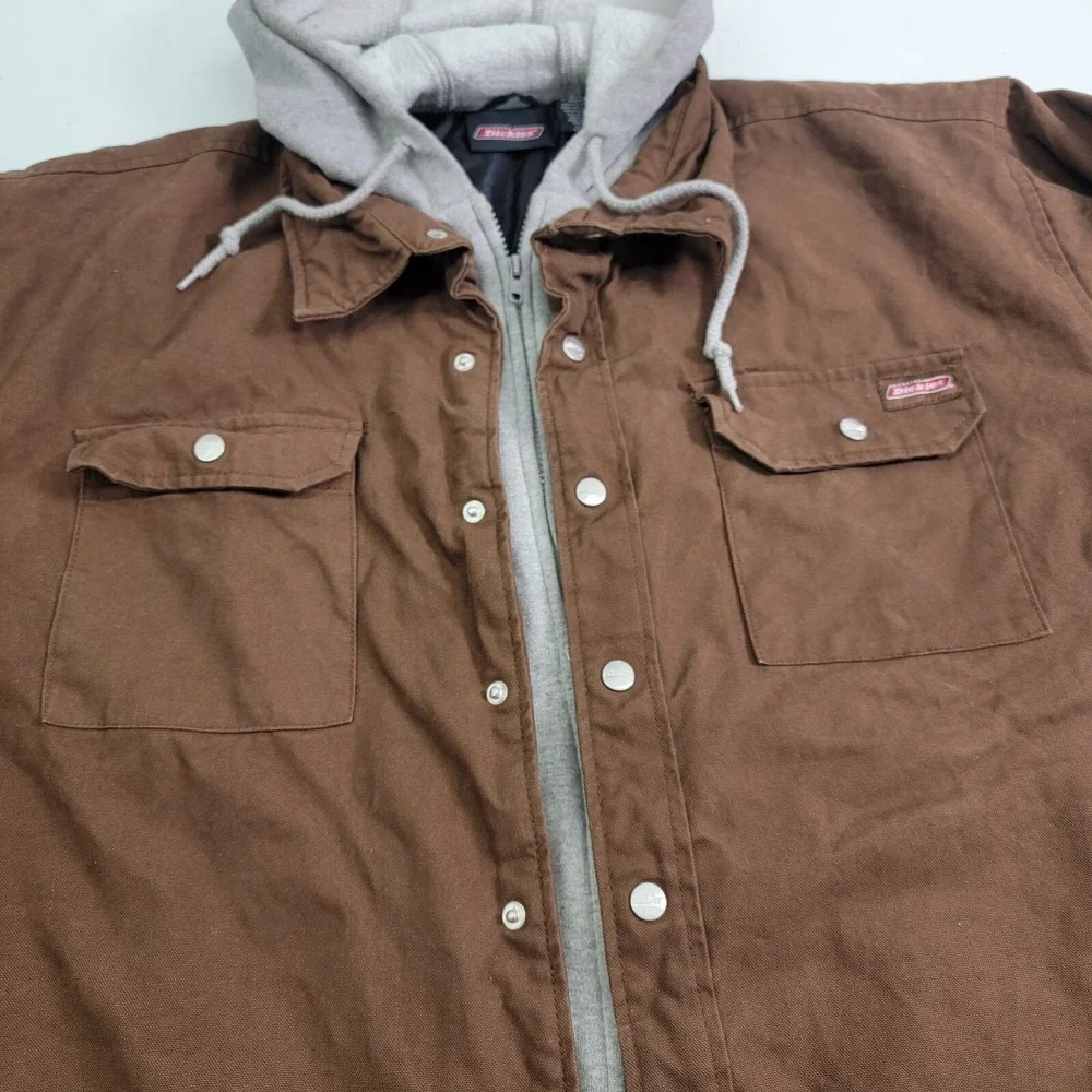 Dickies Men's Brown Quilt Lined Fleece Hooded Utility Canvas Work Jacket Size XL